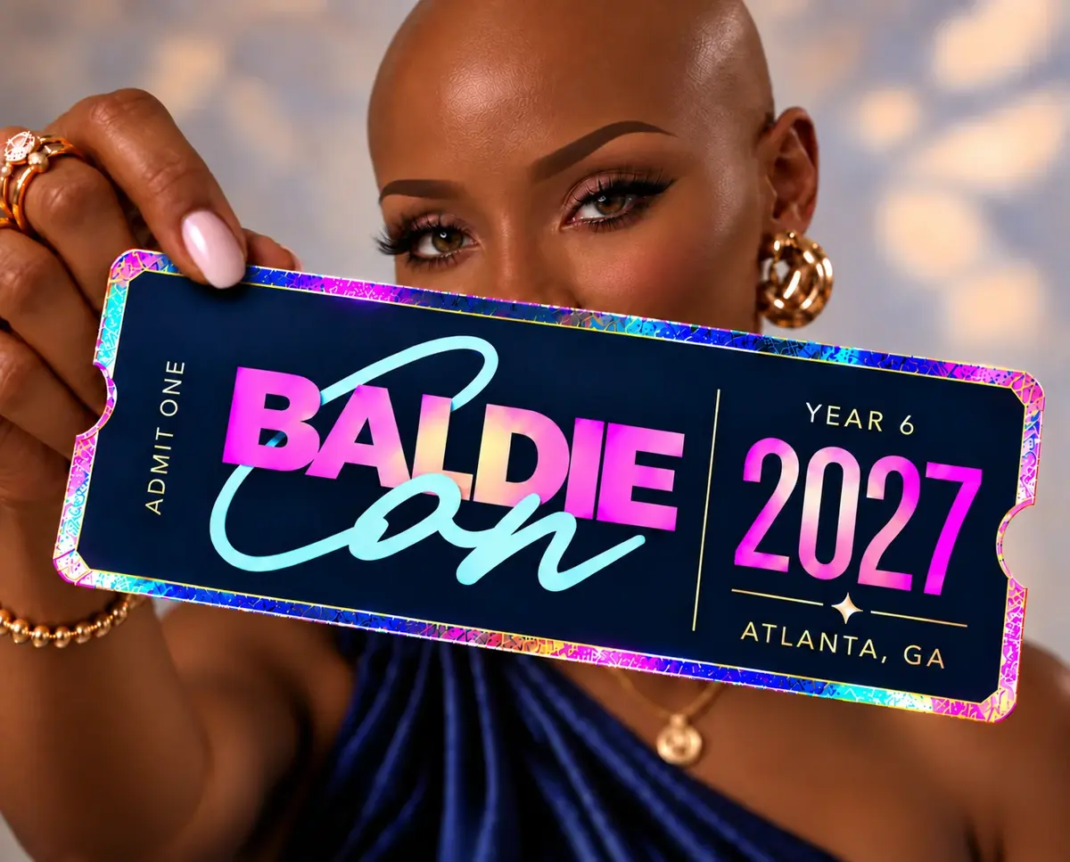 Woman holding a Baldie Con 2027 ticket