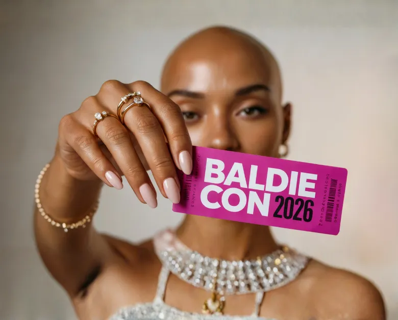 Woman holding a Baldie Con 2026 ticket
